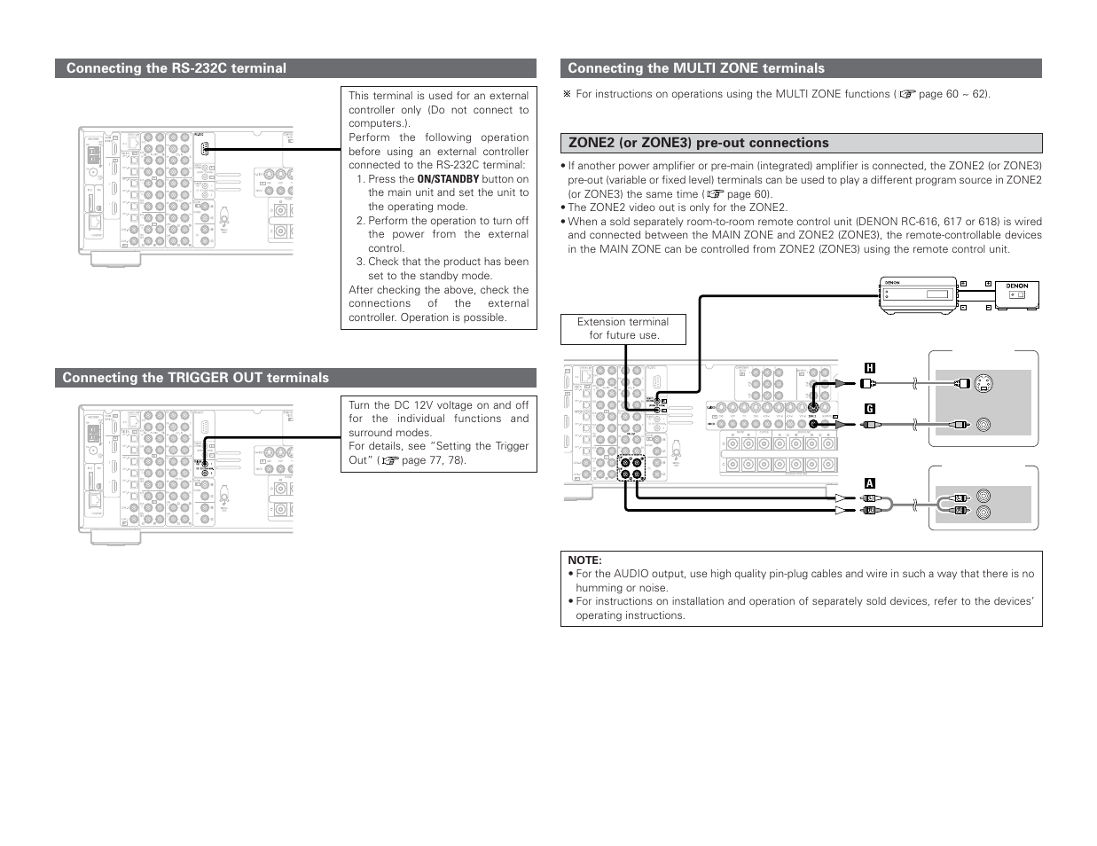 Connecting the rs-232c terminal, Connecting the trigger out terminals, Connecting the multi zone terminals | Zone2 (or zone3) pre-out connections | Denon AVR-4306 User Manual | Page 27 / 146