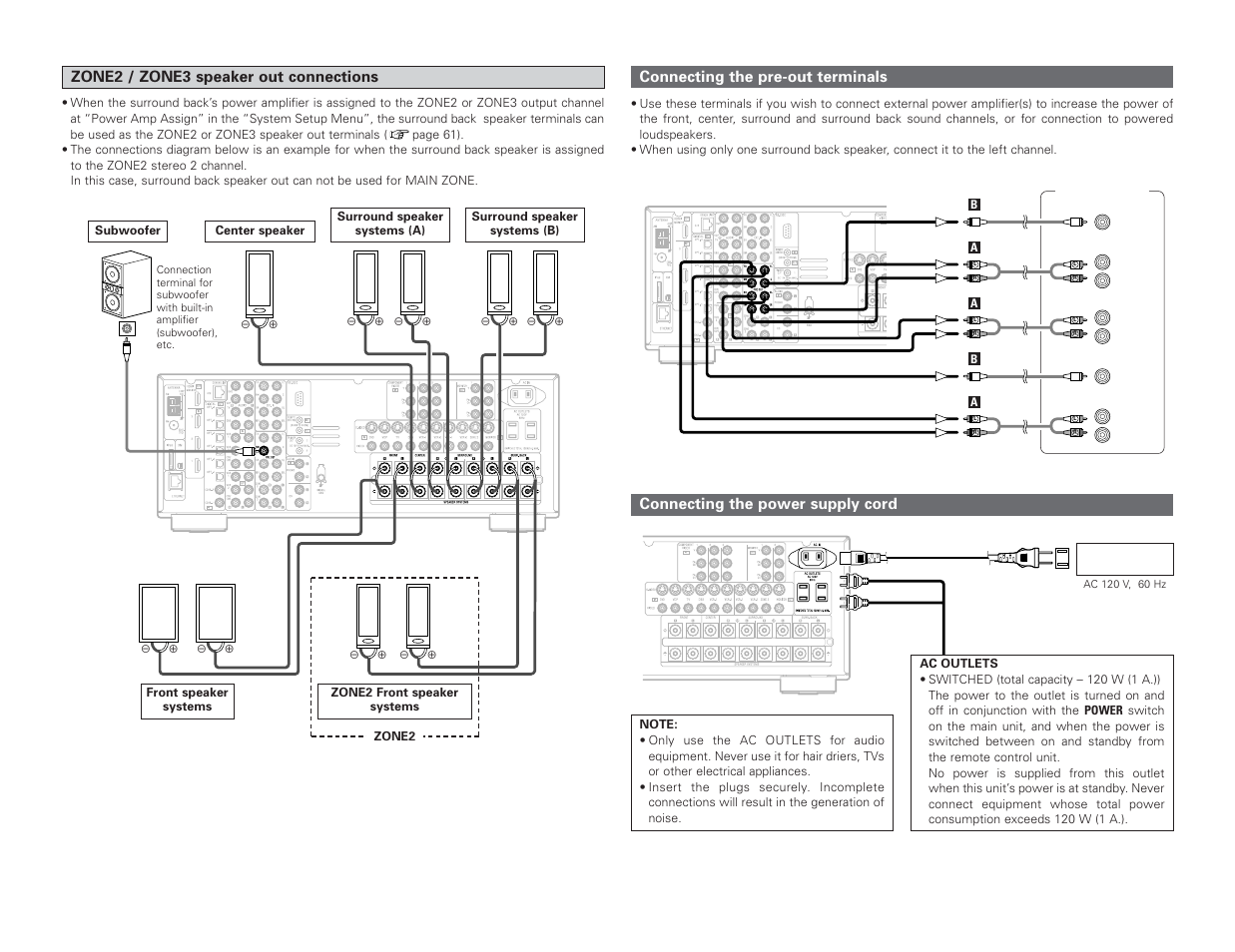 Zone2 / zone3 speaker out connections, Connecting the pre-out terminals, Connecting the power supply cord | Denon AVR-4306 User Manual | Page 28 / 146