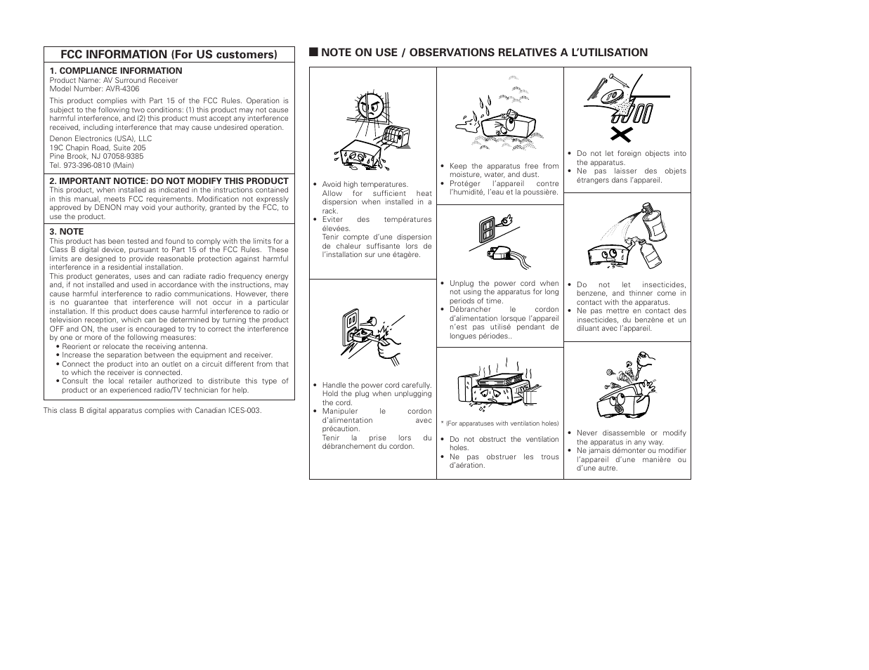 Fcc information (for us customers) | Denon AVR-4306 User Manual | Page 3 / 146