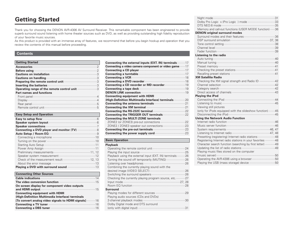 Getting started | Denon AVR-4306 User Manual | Page 4 / 146