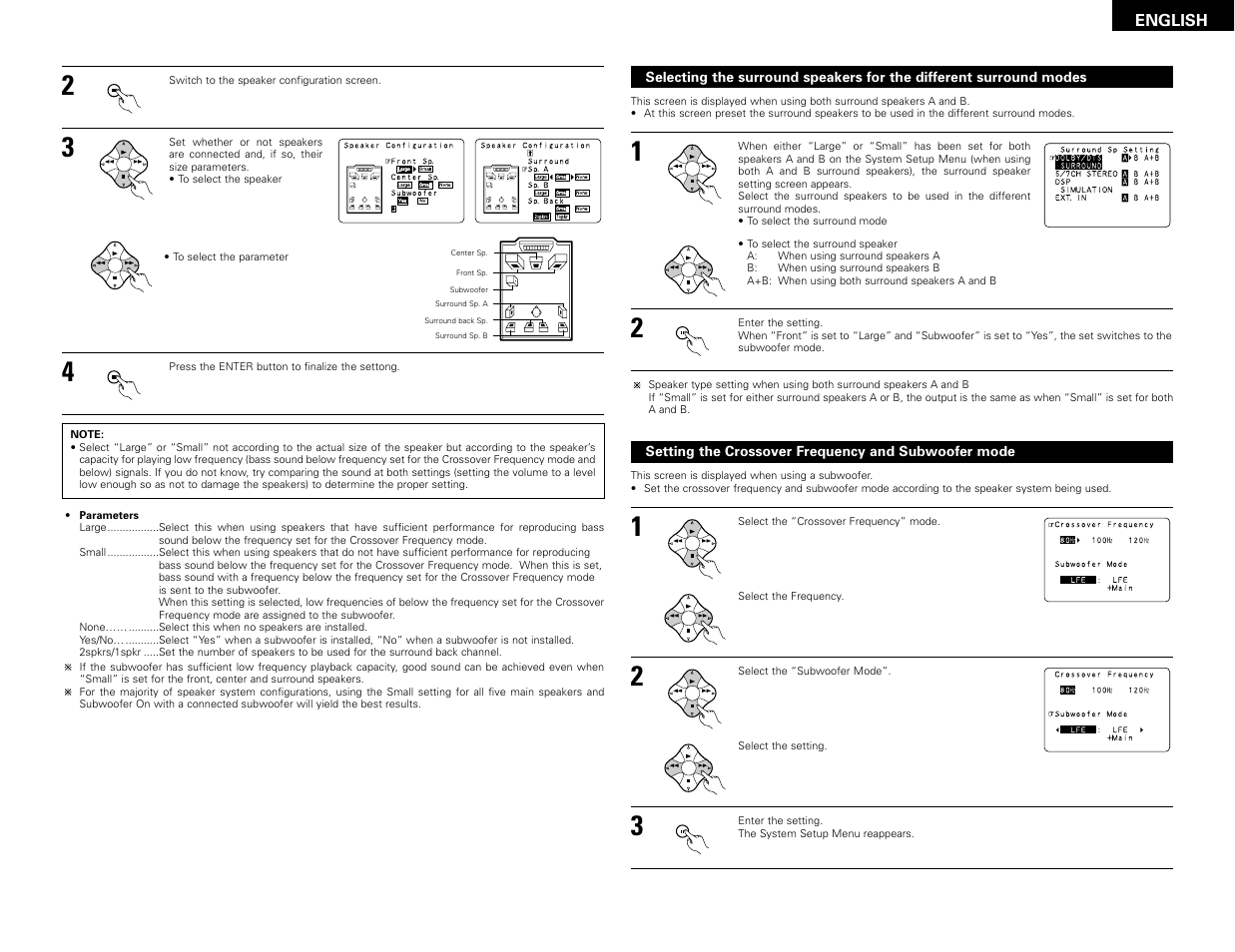 English, Setting the crossover frequency and subwoofer mode | Denon AVR-3802 User Manual | Page 11 / 82