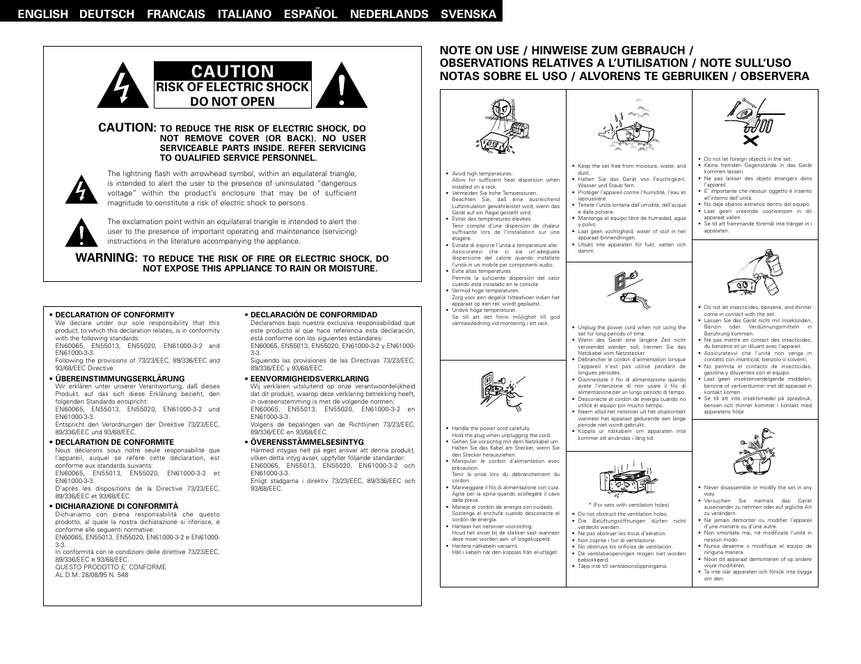 Caution, Risk of electric shock do not open caution, Warning | Denon AVR-3802 User Manual | Page 2 / 82