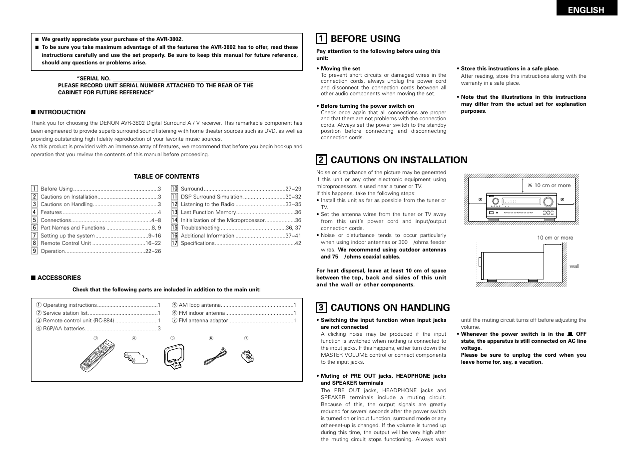 English, Before using, Cautions on installation | Cautions on handling | Denon AVR-3802 User Manual | Page 3 / 82