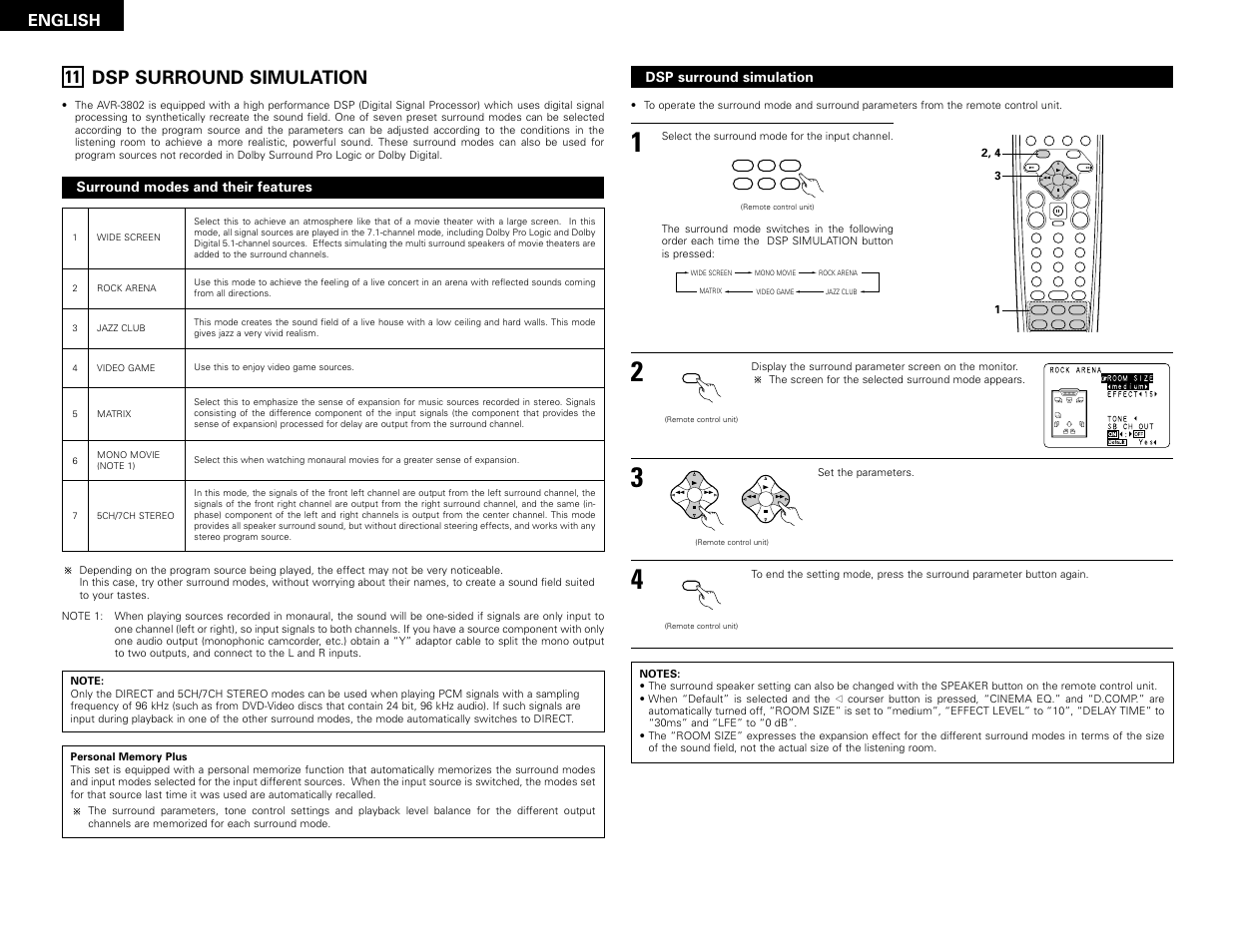 Dsp surround simulation, Enter, Shift | Muting band mode tuning tuning, English, Surround modes and their features | Denon AVR-3802 User Manual | Page 30 / 82