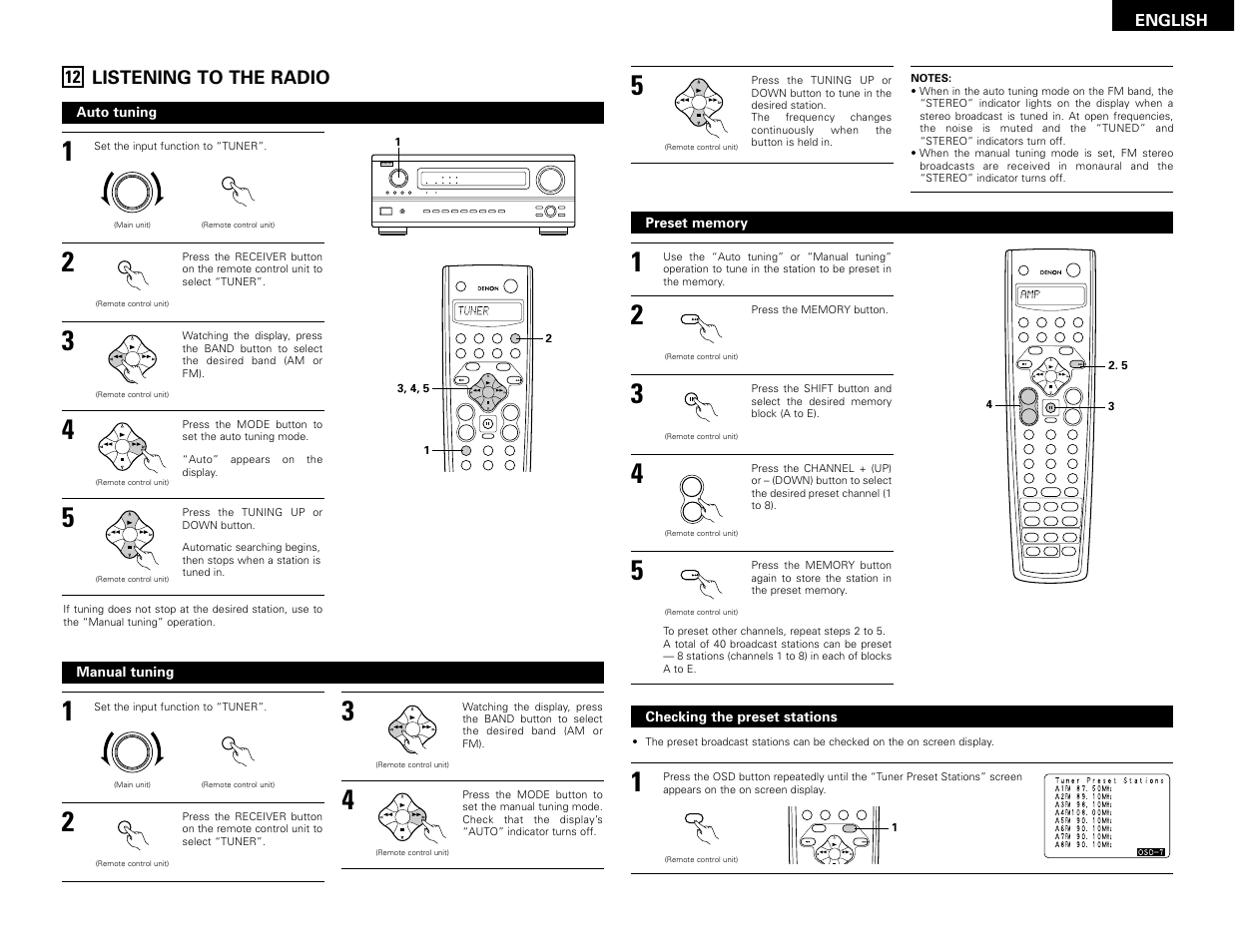 Listening to the radio, Enter, Shift | Muting band mode tuning tuning, Backlight, System call, Band mode tuning, English, Auto tuning, Manual tuning | Denon AVR-3802 User Manual | Page 33 / 82