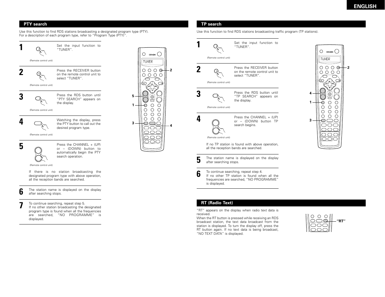 Enter, Backlight, System call | Shift, Muting band mode tuning tuning, English, Pty search, Tp search, Rt (radio text) | Denon AVR-3802 User Manual | Page 35 / 82