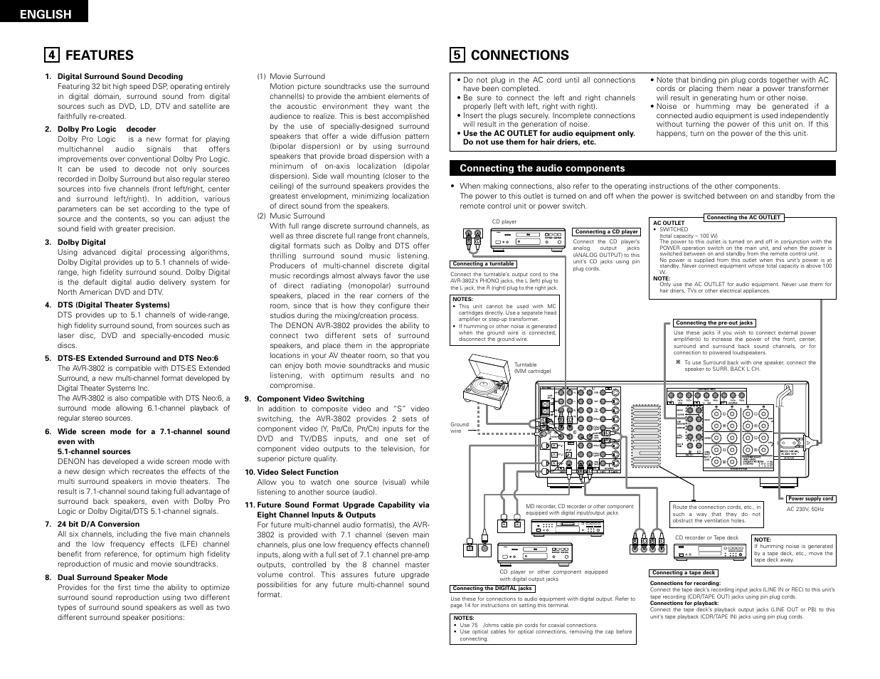 Features, Connections, Digital audio | Digital audio b b, English | Denon AVR-3802 User Manual | Page 4 / 82