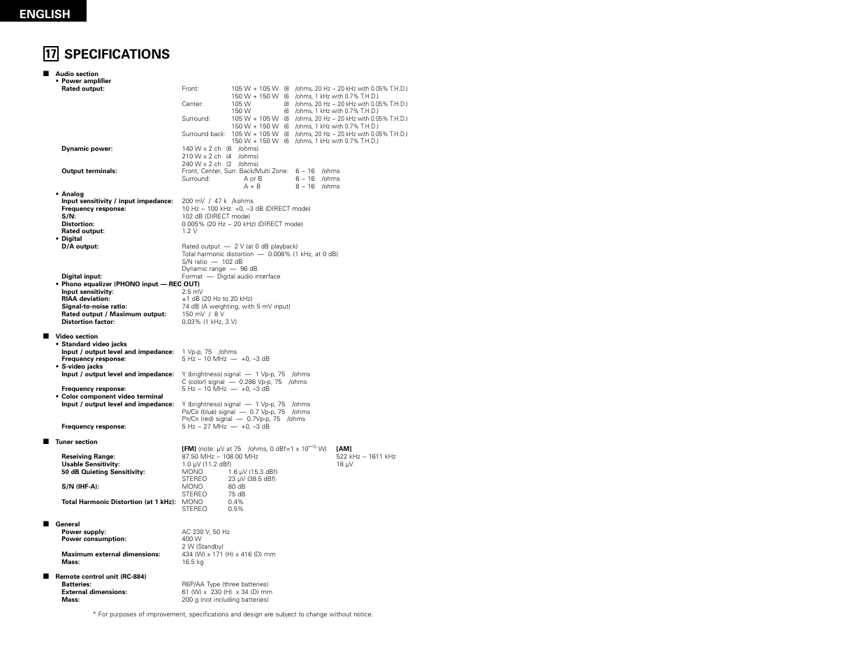 Specifications, English | Denon AVR-3802 User Manual | Page 42 / 82