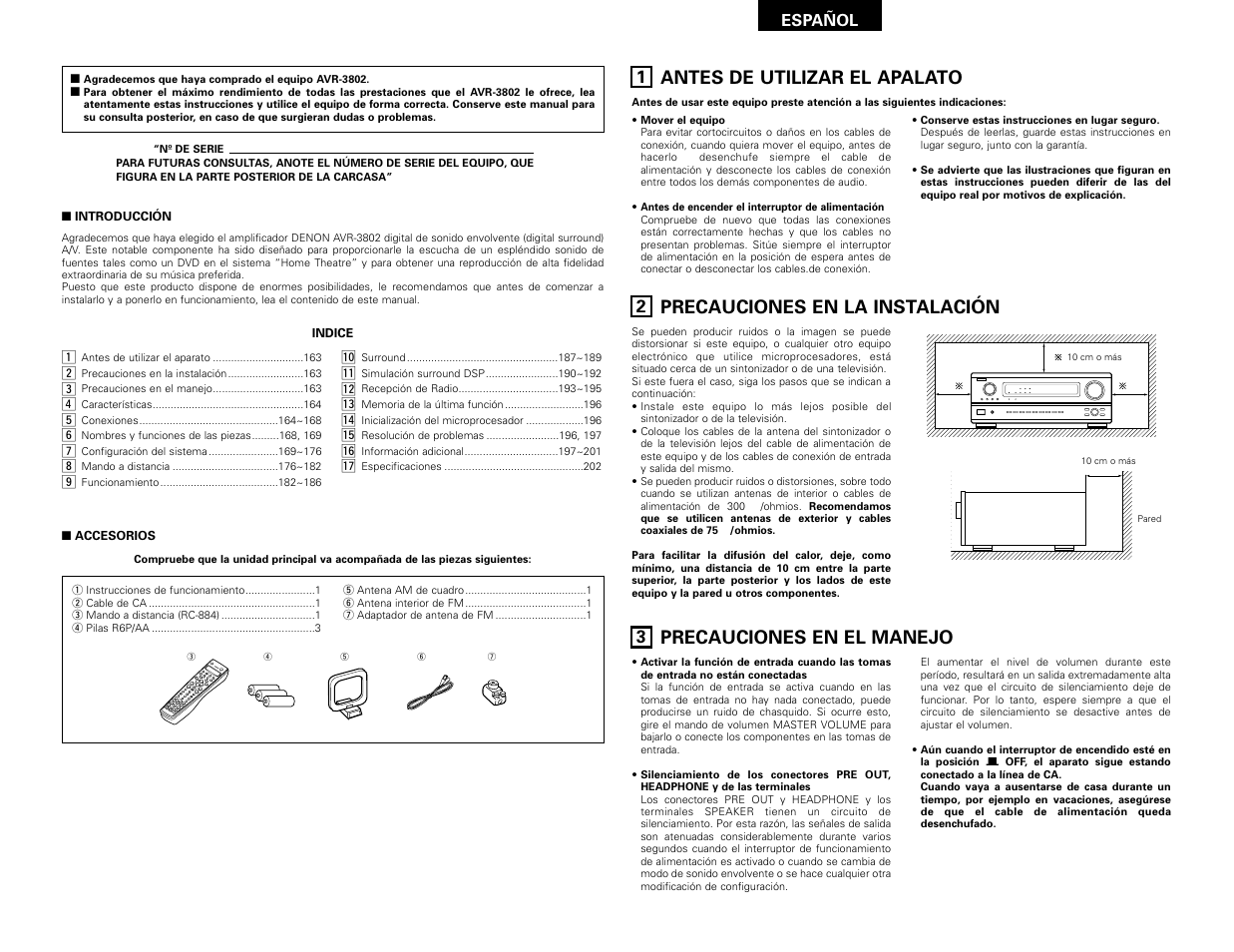 Español, Antes de utilizar el apalato, Precauciones en la instalación | Precauciones en el manejo | Denon AVR-3802 User Manual | Page 43 / 82