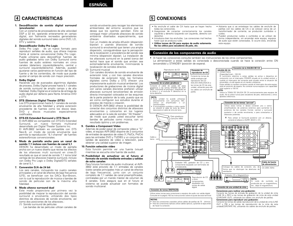 Características, Conexiones, Digital audio | Digital audio b b, Español | Denon AVR-3802 User Manual | Page 44 / 82