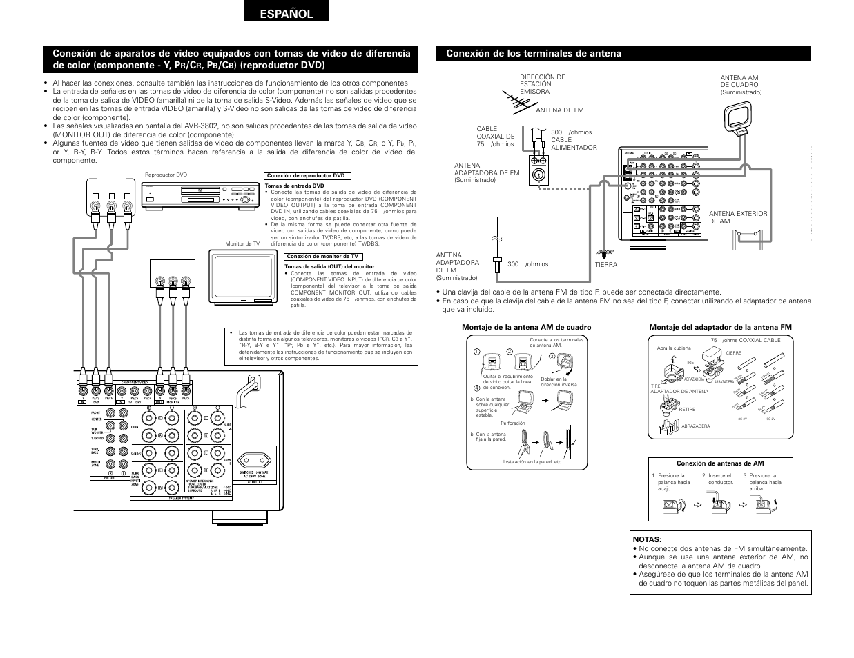 Español, Conexión de los terminales de antena, Reproductor dvd) | Denon AVR-3802 User Manual | Page 46 / 82