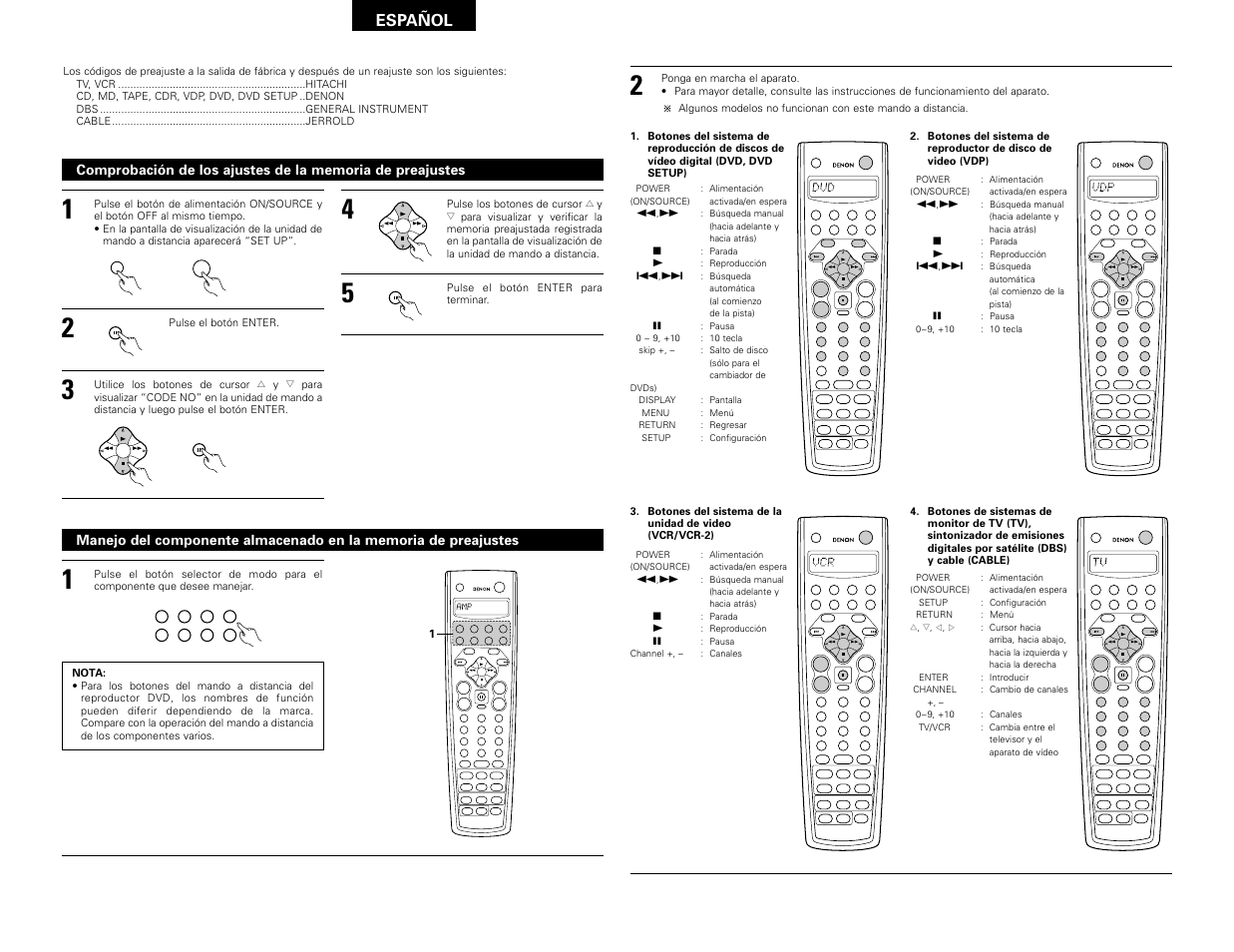 Vdp dvd, Enter, Backlight | System call, Shift, Muting band mode tuning tuning, Español | Denon AVR-3802 User Manual | Page 58 / 82