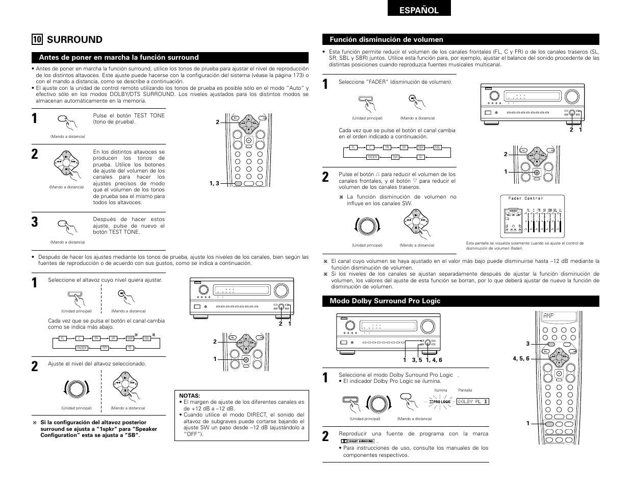 Surround, Enter, Shift | Muting band mode tuning tuning, System call, Español, Antes de poner en marcha la función surround, Función disminución de volumen, Modo dolby surround pro logic | Denon AVR-3802 User Manual | Page 67 / 82