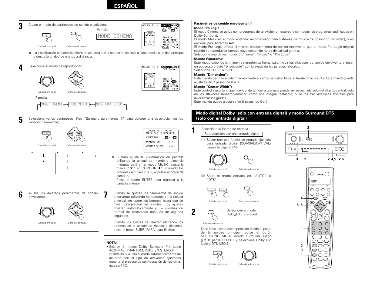 Enter, Backlight, System call | Shift, Muting band mode tuning tuning, Español, Mode cinema | Denon AVR-3802 User Manual | Page 68 / 82