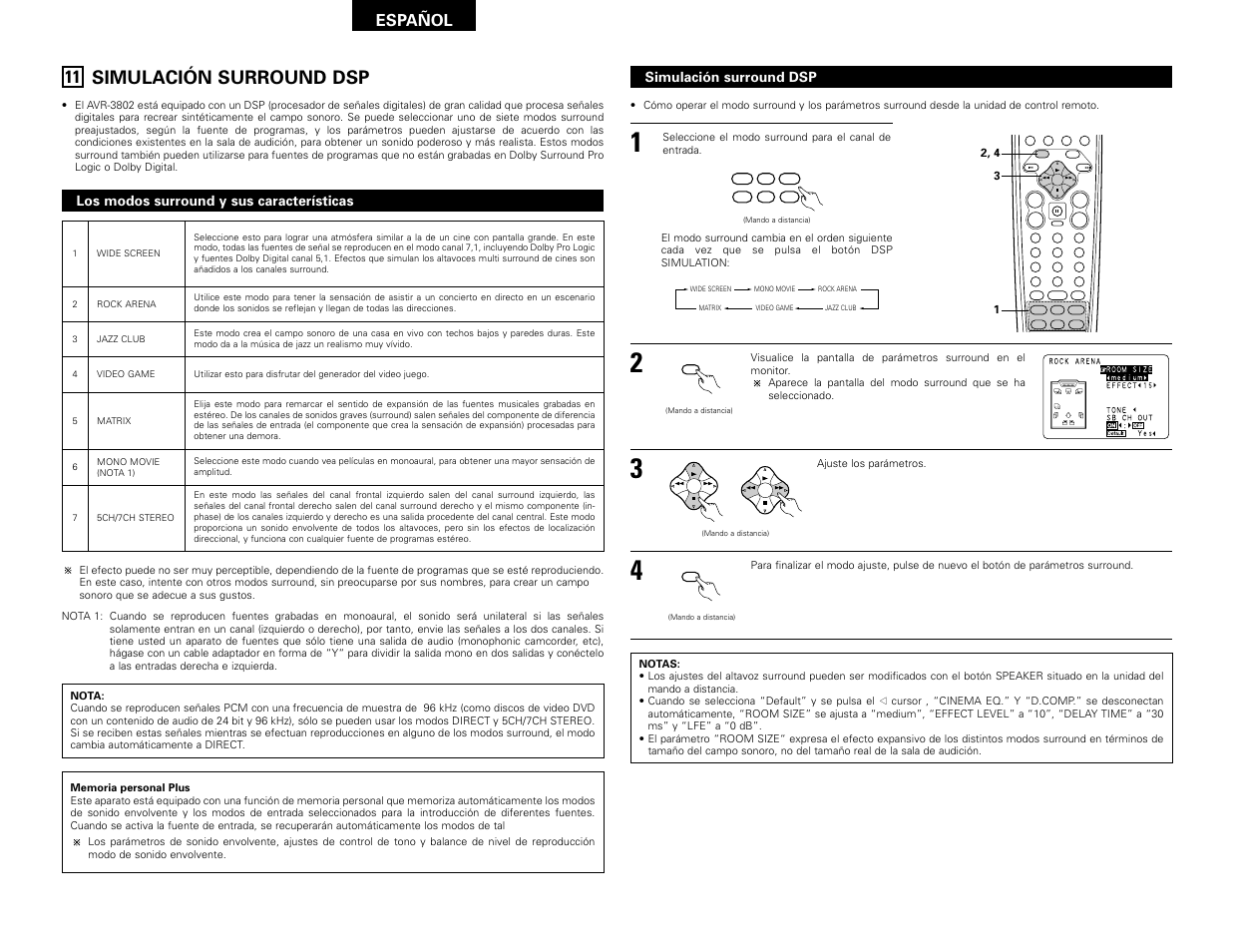 Simulación surround dsp, Enter, Shift | Muting band mode tuning tuning, Español, Los modos surround y sus características | Denon AVR-3802 User Manual | Page 70 / 82