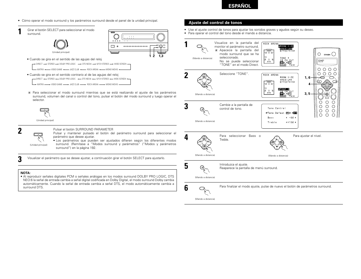 Enter, Shift, Muting band mode tuning tuning | Español, Ajuste del control de tonos | Denon AVR-3802 User Manual | Page 71 / 82