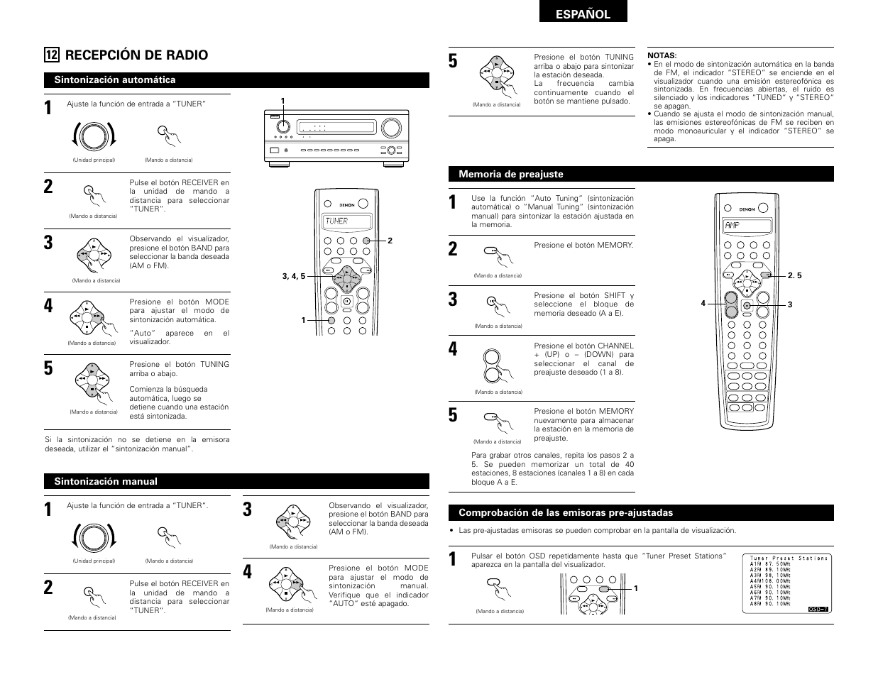 Recepción de radio, Enter, Shift | Muting band mode tuning tuning, Backlight, System call, Band mode tuning, Español, Sintonización automática, Sintonización manual | Denon AVR-3802 User Manual | Page 73 / 82