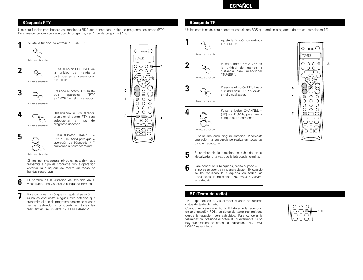 Enter, Backlight, System call | Shift, Muting band mode tuning tuning, Español, Búsqueda pty, Búsqueda tp, Rt (texto de radio) | Denon AVR-3802 User Manual | Page 75 / 82