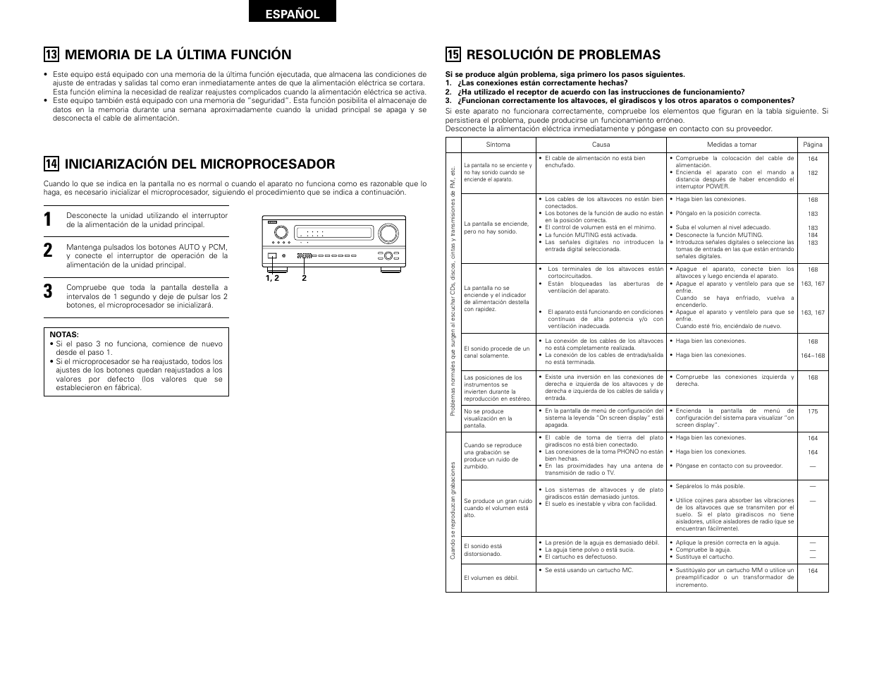 Memoria de la última función, Iniciarización del microprocesador, Resolución de problemas | Español | Denon AVR-3802 User Manual | Page 76 / 82