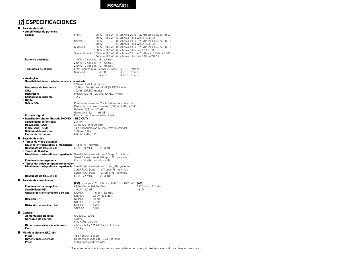 Especificaciones, Español | Denon AVR-3802 User Manual | Page 82 / 82