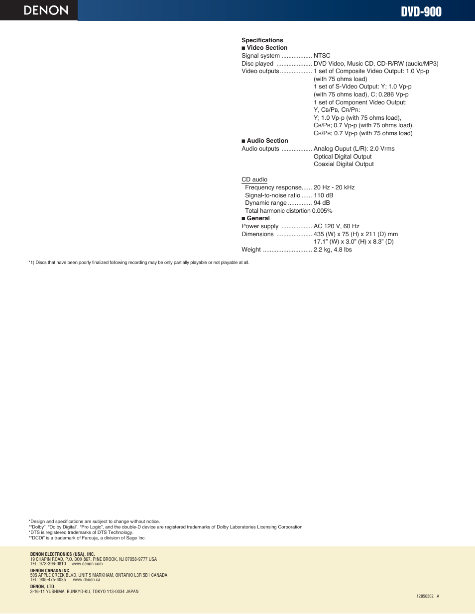 Dvd-900 | Denon DVD-900 User Manual | Page 2 / 2