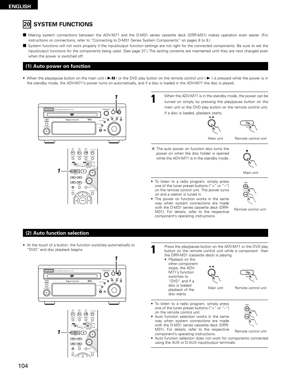 System functions, English, 1) auto power on function | 2) auto function selection, Virtual speaker, When the play/pause button on the main unit, Or the dvd play button on the remote control unit, Main unit, Remote control unit, Remote control unit main unit remote control unit | Denon ADV-M71 User Manual | Page 104 / 112