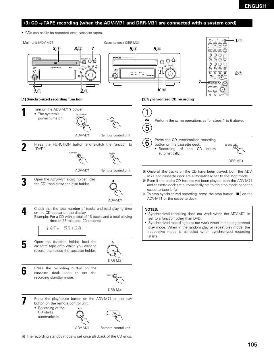 English, 3) cd, Virtual speaker | 1] synchronized recording function | Denon ADV-M71 User Manual | Page 105 / 112