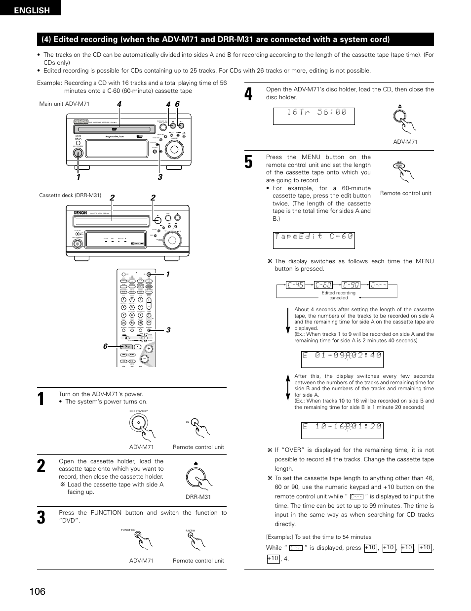 English, Virtual speaker, Drr-m31 | Adv-m71 remote control unit, Adv-m71, Remote control unit, Example:] to set the time to 54 minutes, Main unit adv-m71 | Denon ADV-M71 User Manual | Page 106 / 112