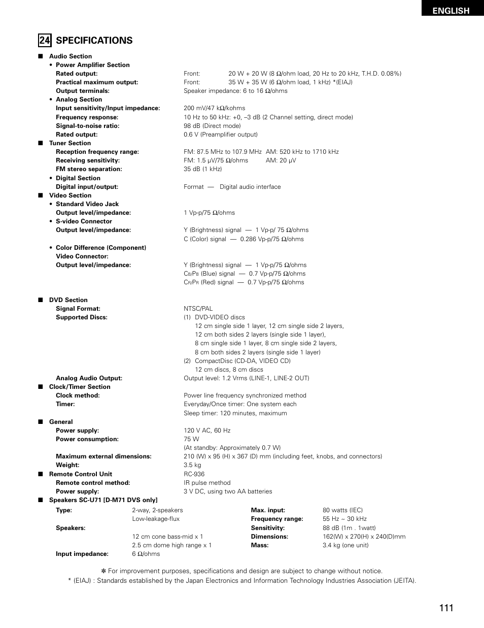 Specifications, English | Denon ADV-M71 User Manual | Page 111 / 112