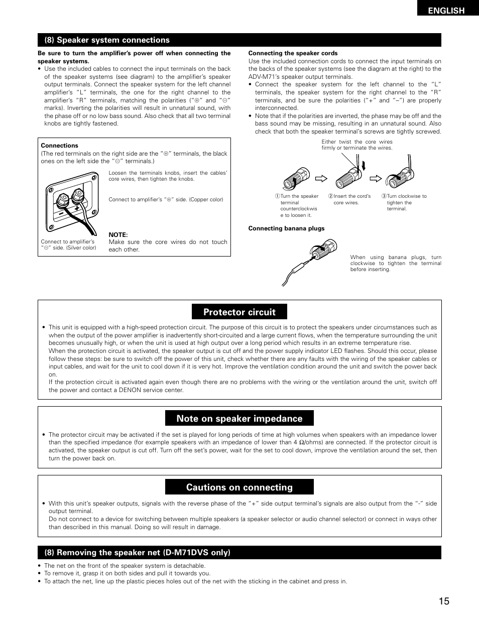 Protector circuit, Cautions on connecting, 8) speaker system connections | Denon ADV-M71 User Manual | Page 15 / 112