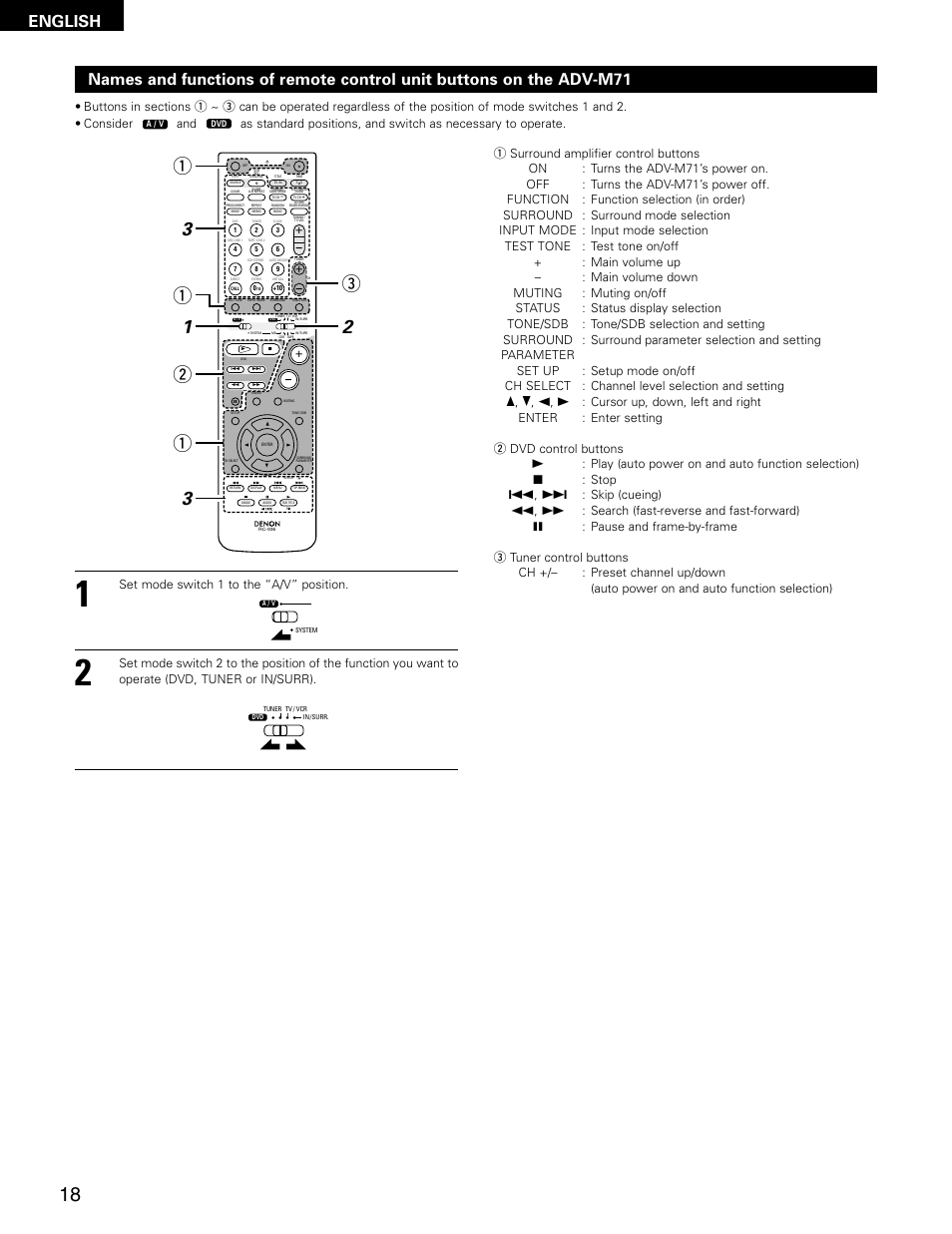 Qw e, Play (auto power on and auto function selection), Stop | Skip (cueing), Search (fast-reverse and fast-forward) | Denon ADV-M71 User Manual | Page 18 / 112