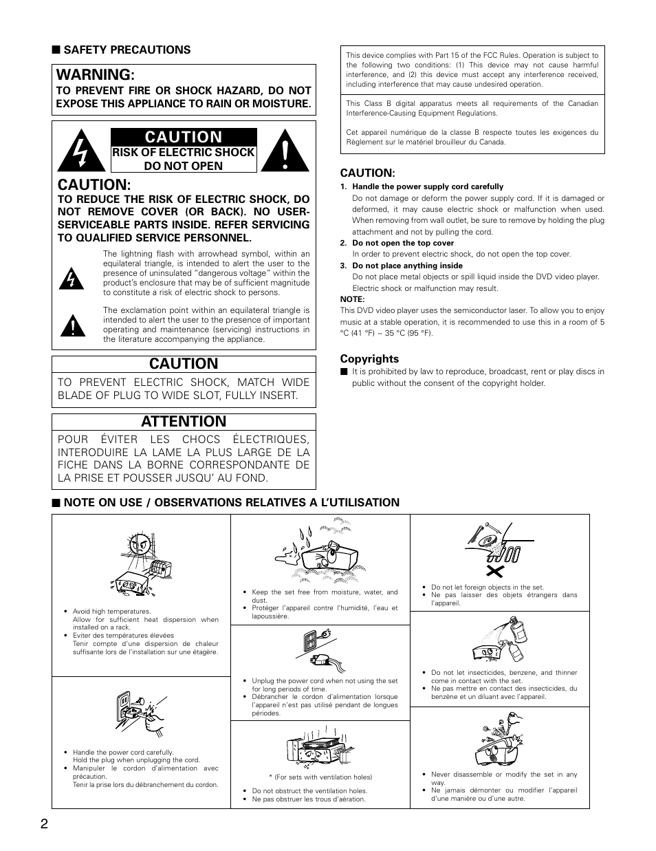 Caution, Attention, Warning | Safety precautions, Risk of electric shock do not open, Copyrights | Denon ADV-M71 User Manual | Page 2 / 112