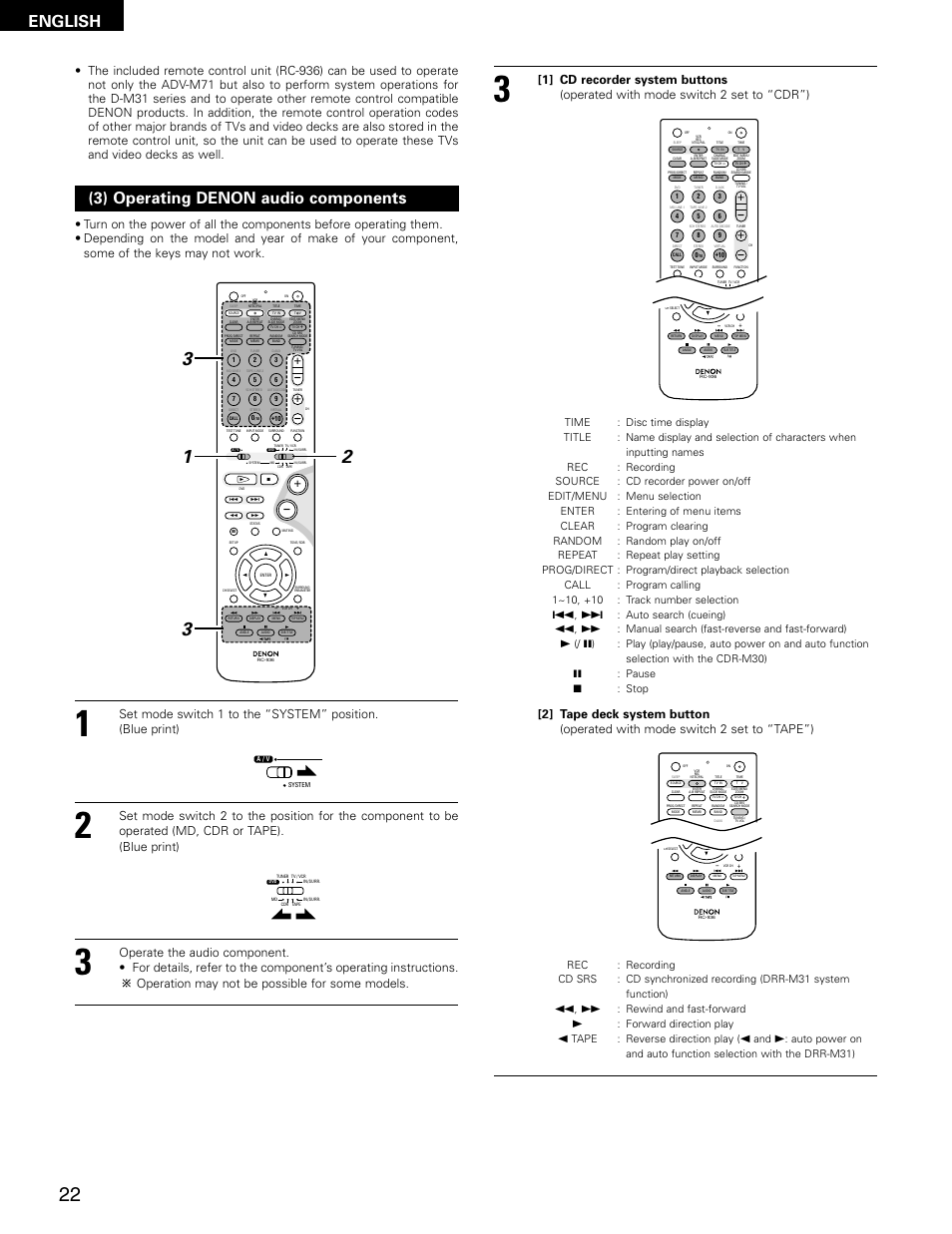 English, 3) operating denon audio components, Auto search (cueing) | Manual search (fast-reverse and fast-forward), Pause, Stop, Rewind and fast-forward, Forward direction play, Tape : reverse direction play | Denon ADV-M71 User Manual | Page 22 / 112