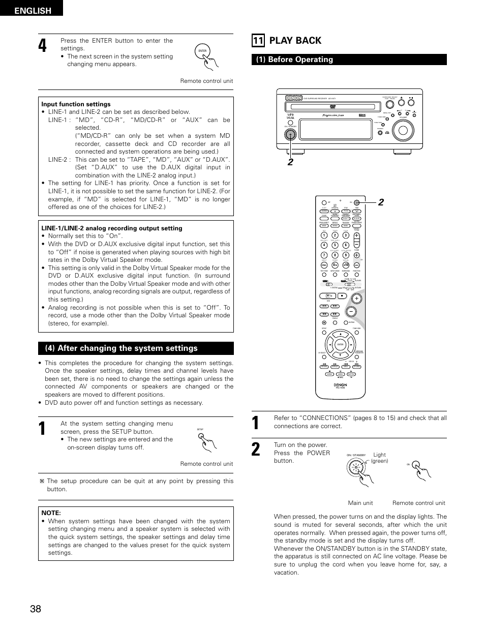 11 play back, English, 4) after changing the system settings | 1) before operating, Virtual speaker, Remote control unit, Main unit remote control unit | Denon ADV-M71 User Manual | Page 38 / 112