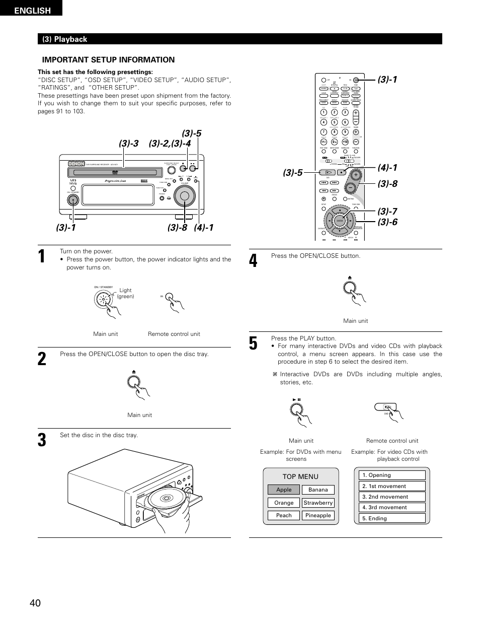 English, Important setup information, 3) playback | Virtual speaker, Top menu, Press the open/close button | Denon ADV-M71 User Manual | Page 40 / 112