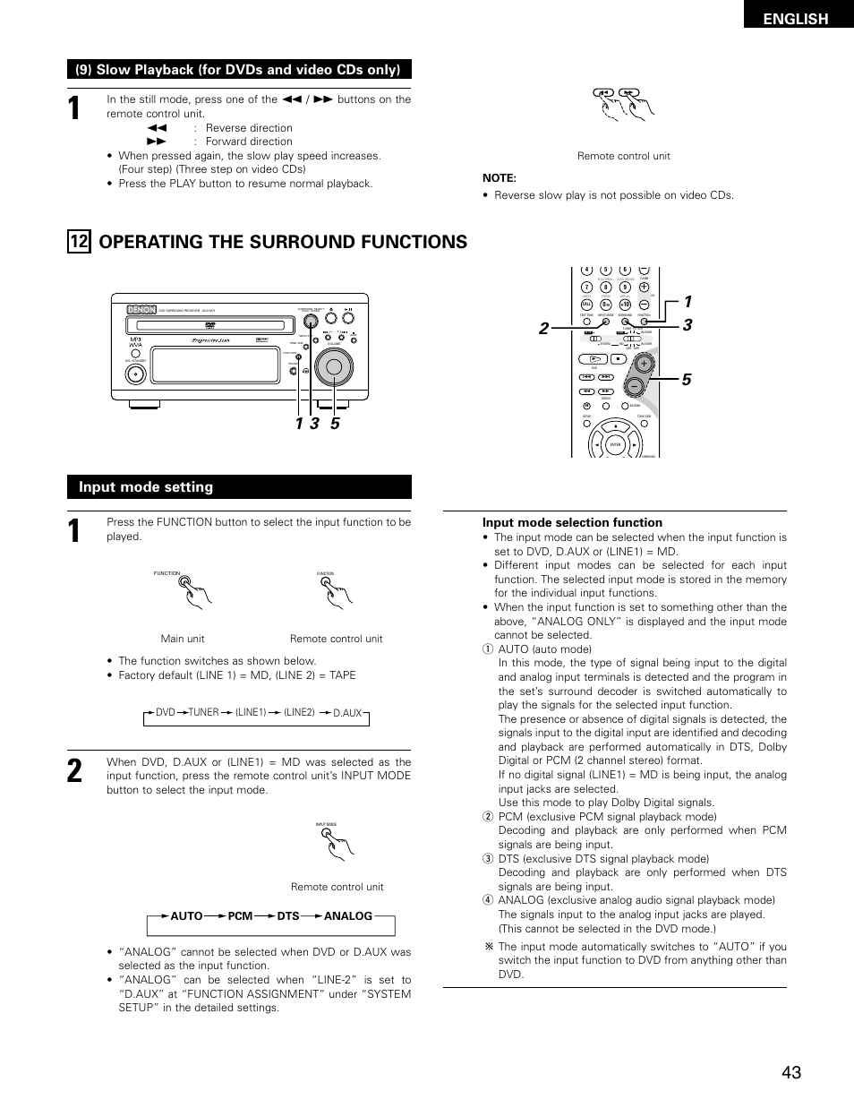 12 operating the surround functions, English, Input mode setting | 9) slow playback (for dvds and video cds only), Virtual speaker, Input mode selection function | Denon ADV-M71 User Manual | Page 43 / 112