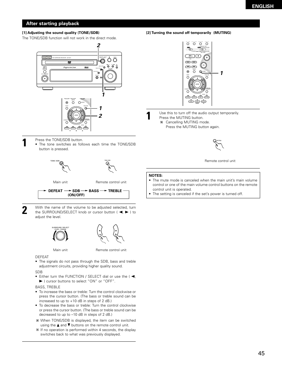 English, After starting playback, Virtual speaker | Defeat sdb (on/off) bass treble | Denon ADV-M71 User Manual | Page 45 / 112