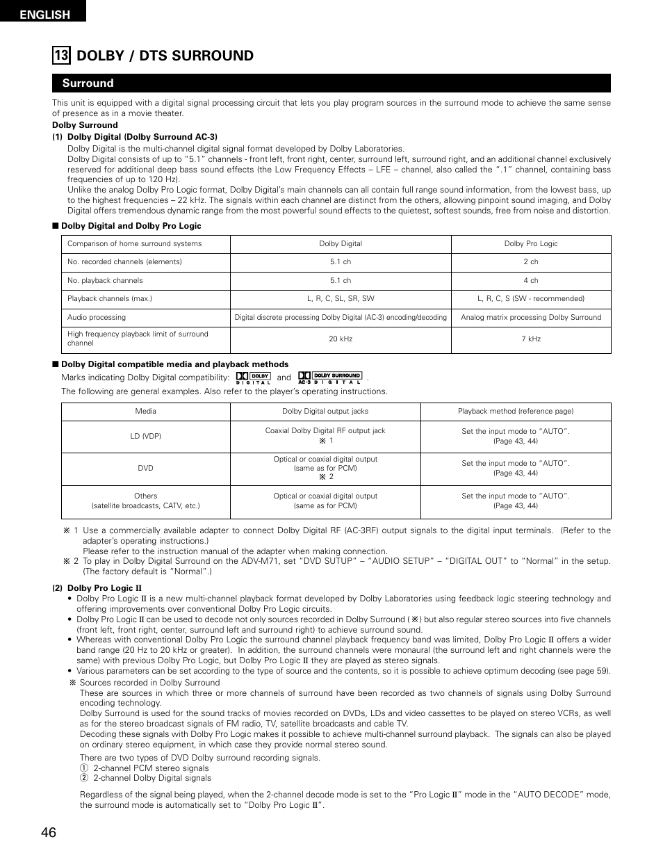 13 dolby / dts surround, English surround | Denon ADV-M71 User Manual | Page 46 / 112