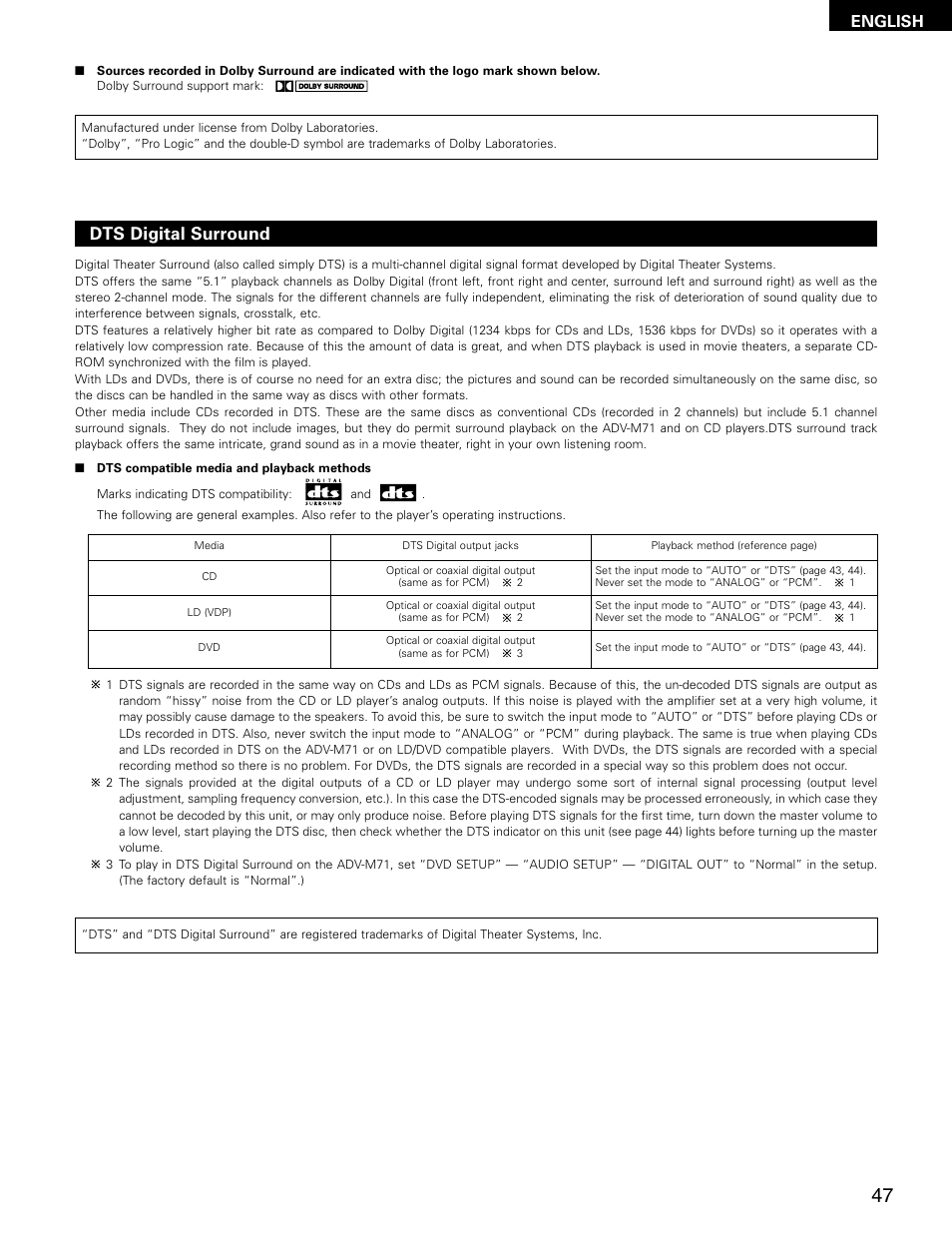 Dts digital surround, English | Denon ADV-M71 User Manual | Page 47 / 112