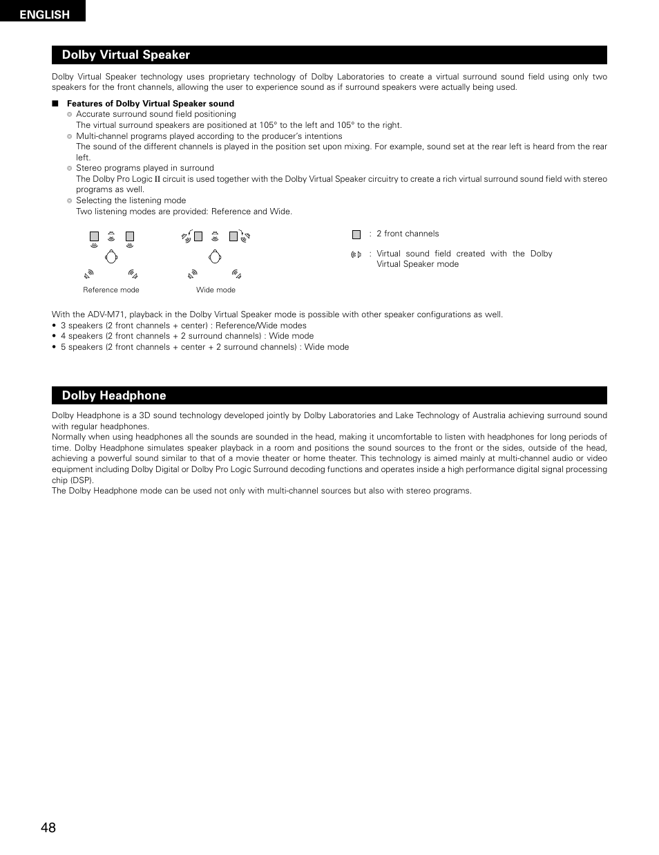 Dolby virtual speaker, Dolby headphone, English | Denon ADV-M71 User Manual | Page 48 / 112