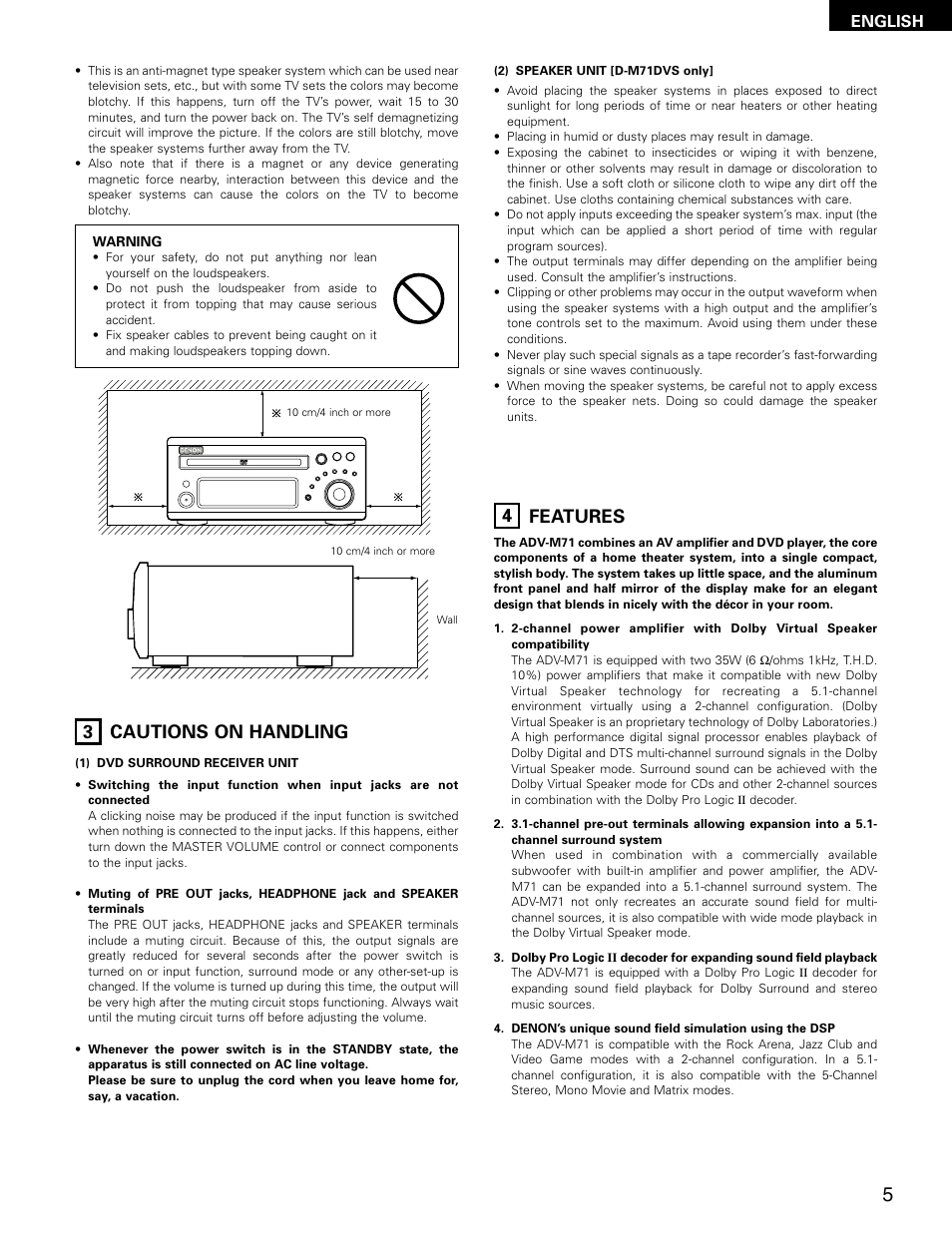 3 cautions on handling, 4 features, English | Denon ADV-M71 User Manual | Page 5 / 112