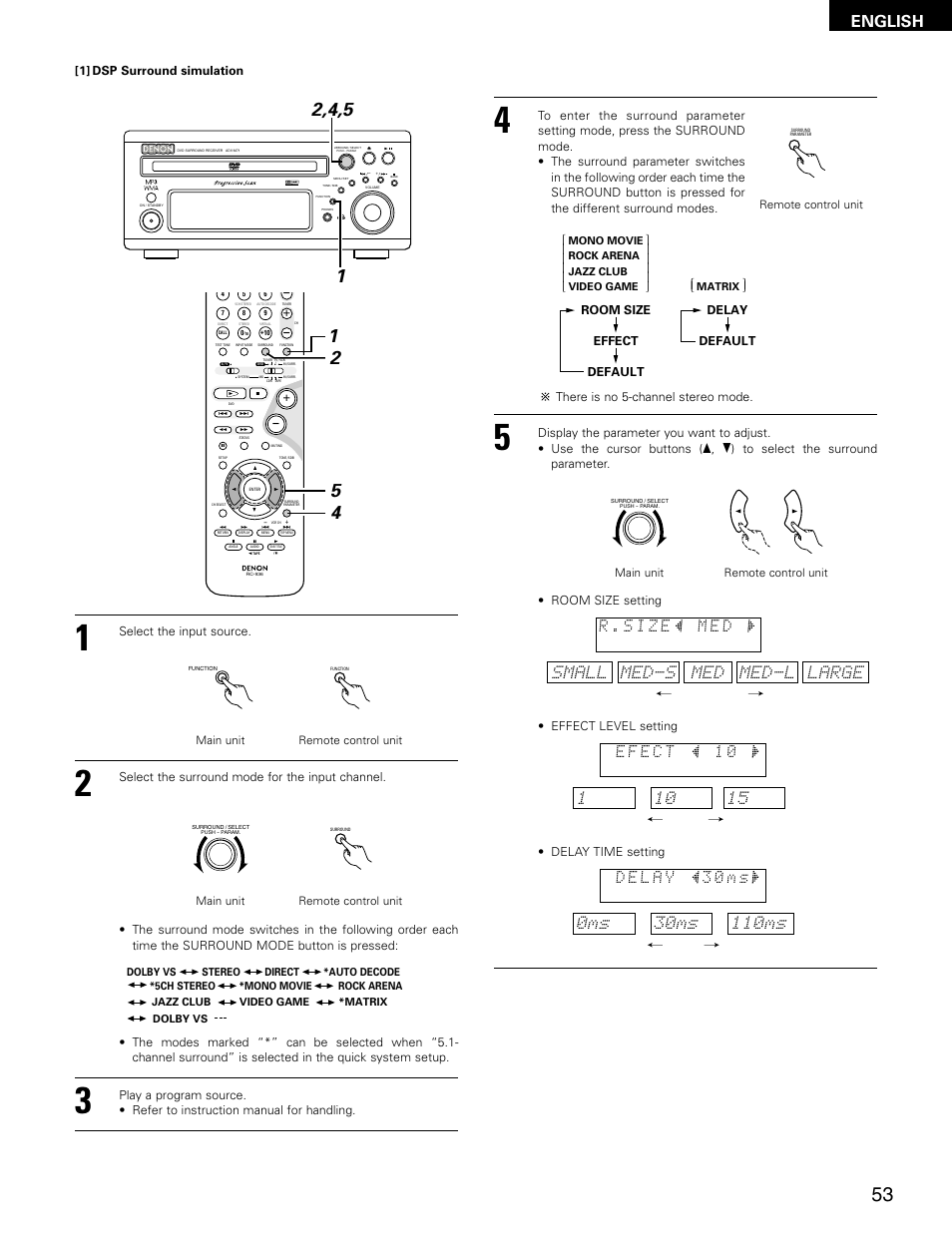 English, Med-s med med-l large , / small, Virtual speaker | Denon ADV-M71 User Manual | Page 53 / 112