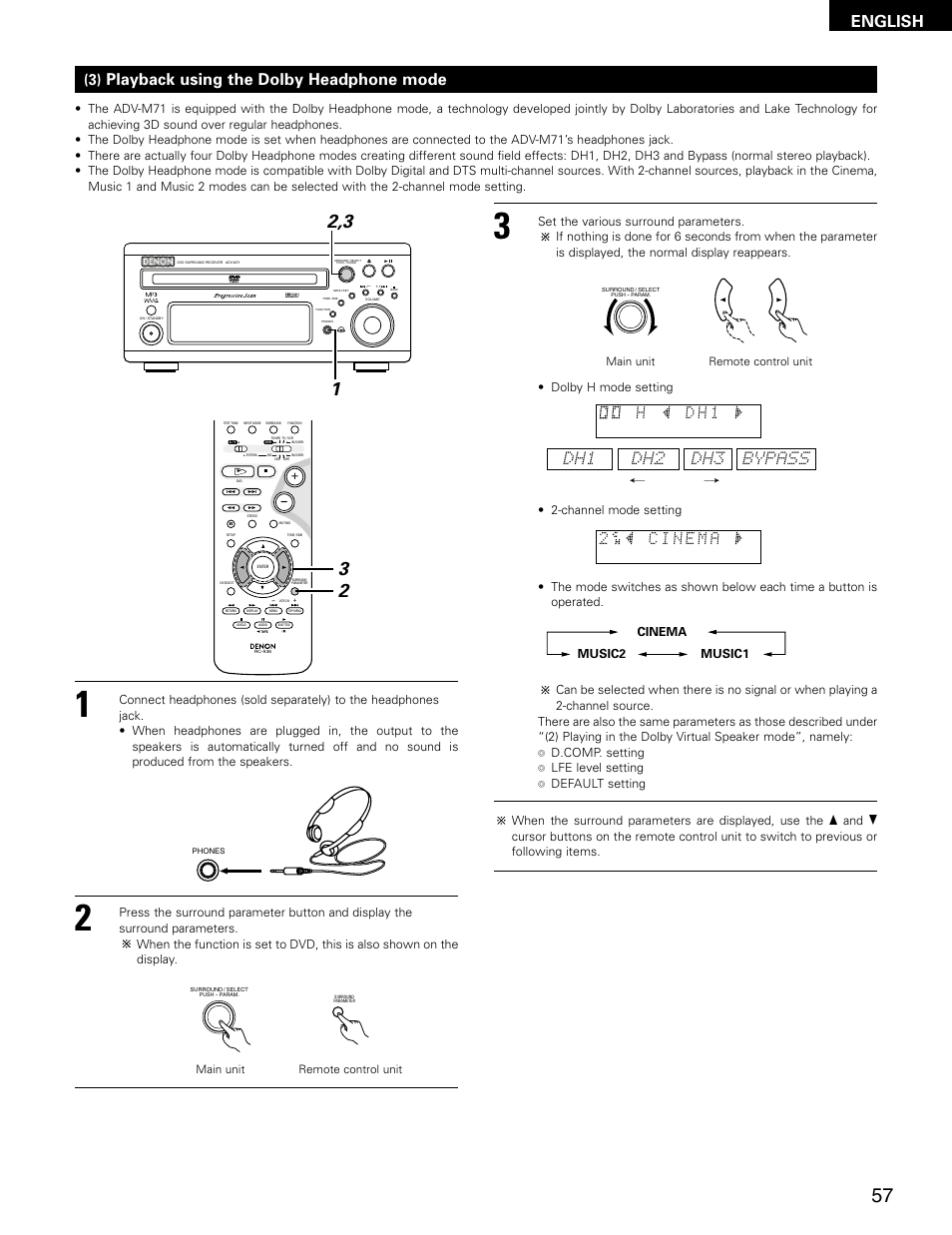 English, Playback using the dolby headphone mode, Dh2 dh3 bypass , / dh1 | Virtual speaker | Denon ADV-M71 User Manual | Page 57 / 112