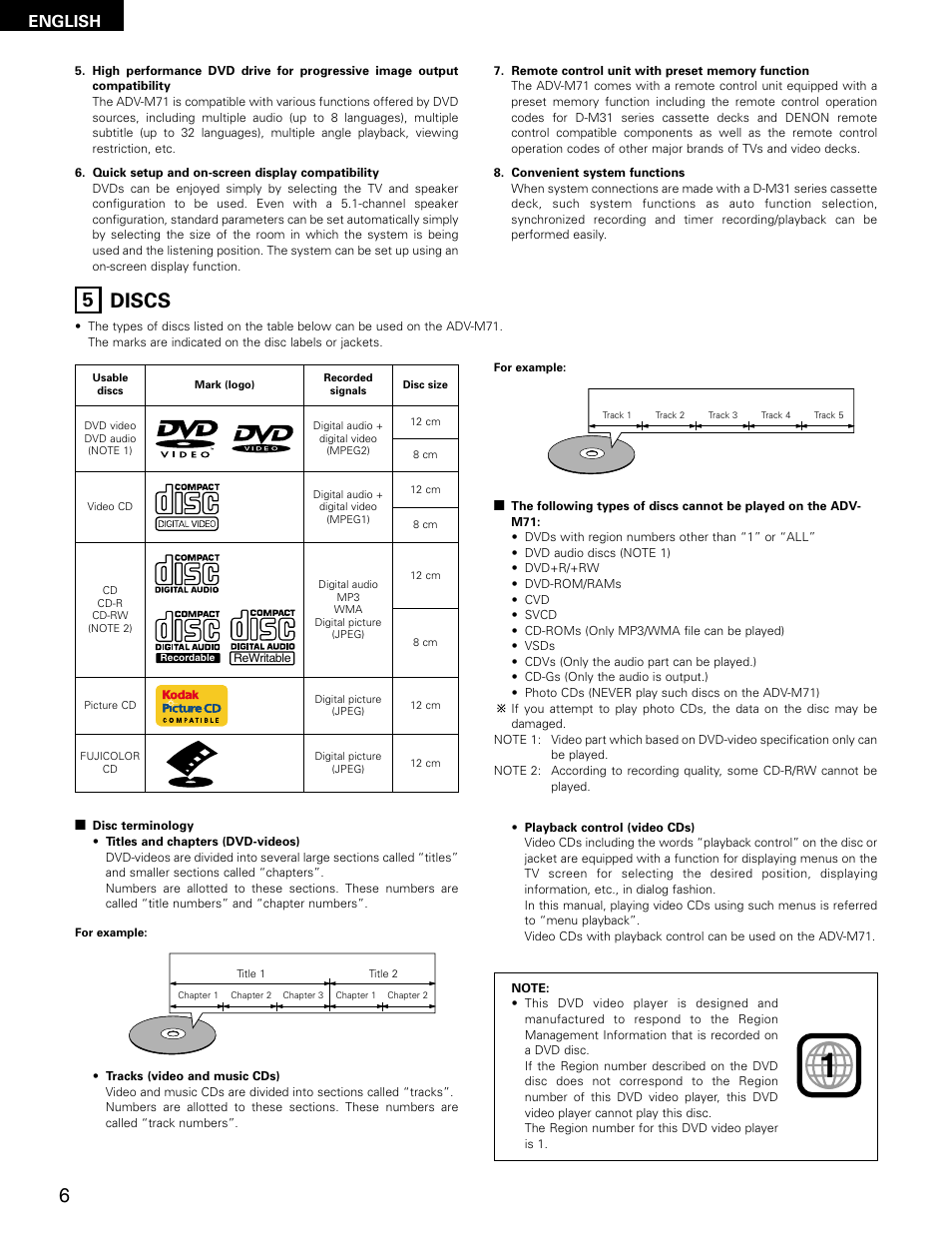 5 discs, English | Denon ADV-M71 User Manual | Page 6 / 112