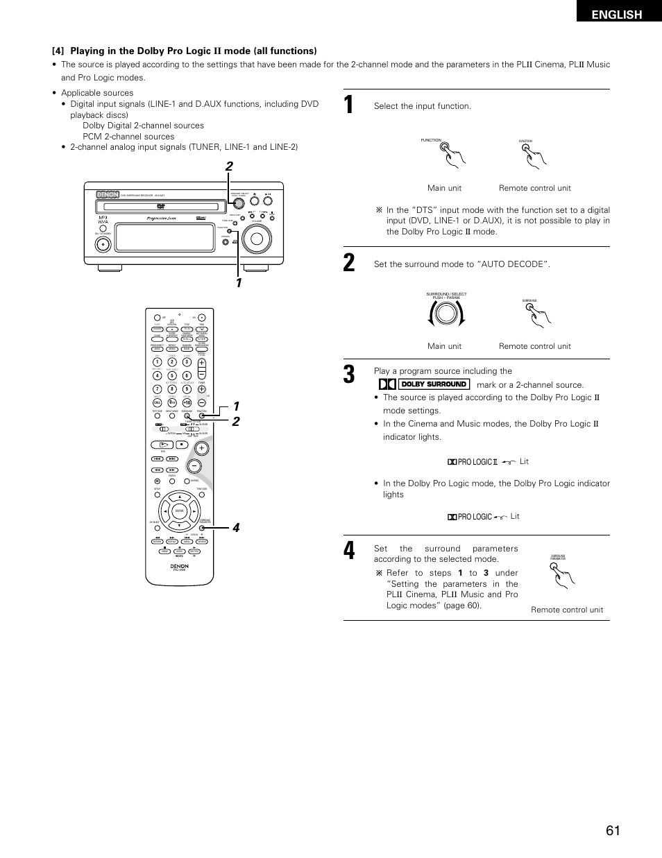 English, Virtual speaker, Select the input function | Set the surround mode to “auto decode, Main unit, Remote control unit, Main unit remote control unit | Denon ADV-M71 User Manual | Page 61 / 112