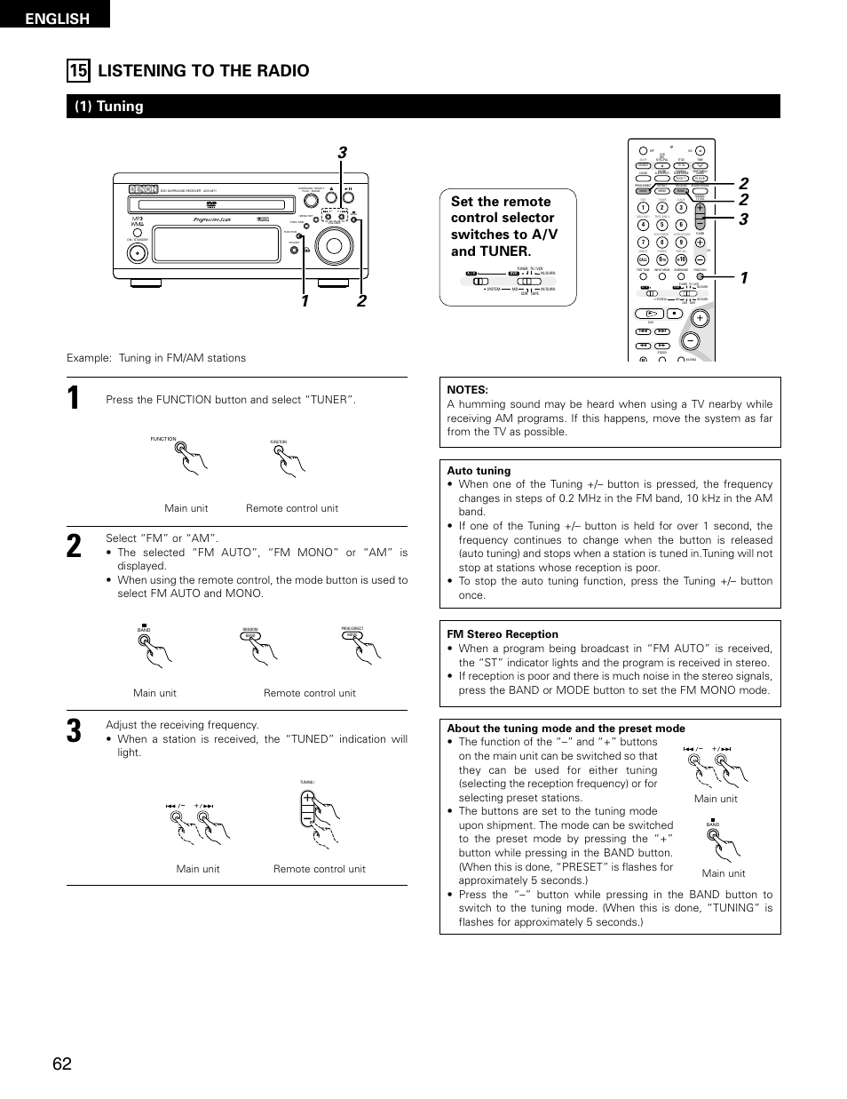 Listening to the radio, English, 1) tuning | Virtual speaker, Press the function button and select “tuner, Example: tuning in fm/am stations, Main unit remote control unit, Main unit | Denon ADV-M71 User Manual | Page 62 / 112