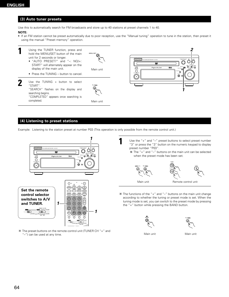 English, 3) auto tuner presets, 4) listening to preset stations | Virtual speaker, Main unit, Remote control unit | Denon ADV-M71 User Manual | Page 64 / 112