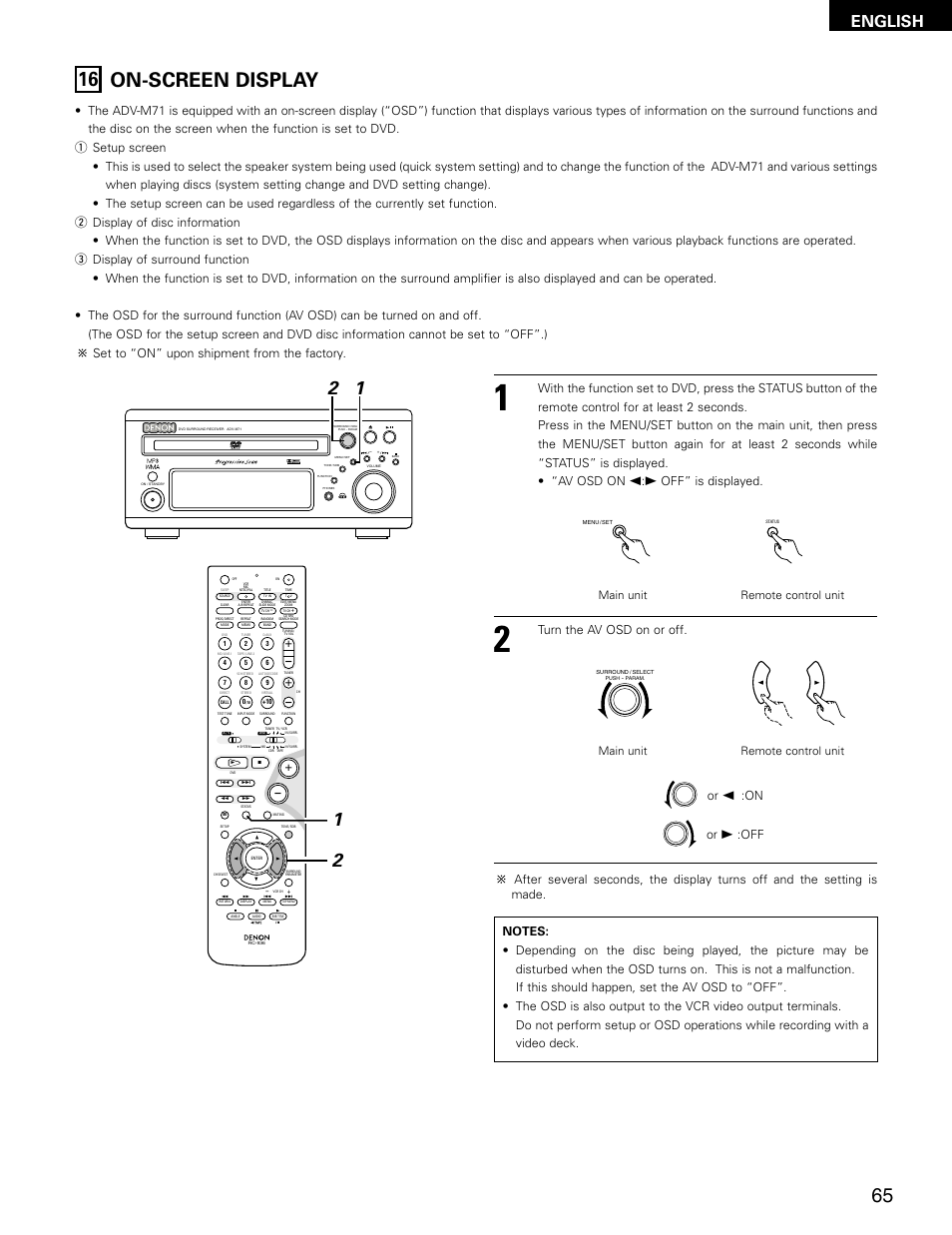 16 on-screen display, English, Virtual speaker | Off” is displayed, Turn the av osd on or off, On or, Main unit remote control unit | Denon ADV-M71 User Manual | Page 65 / 112