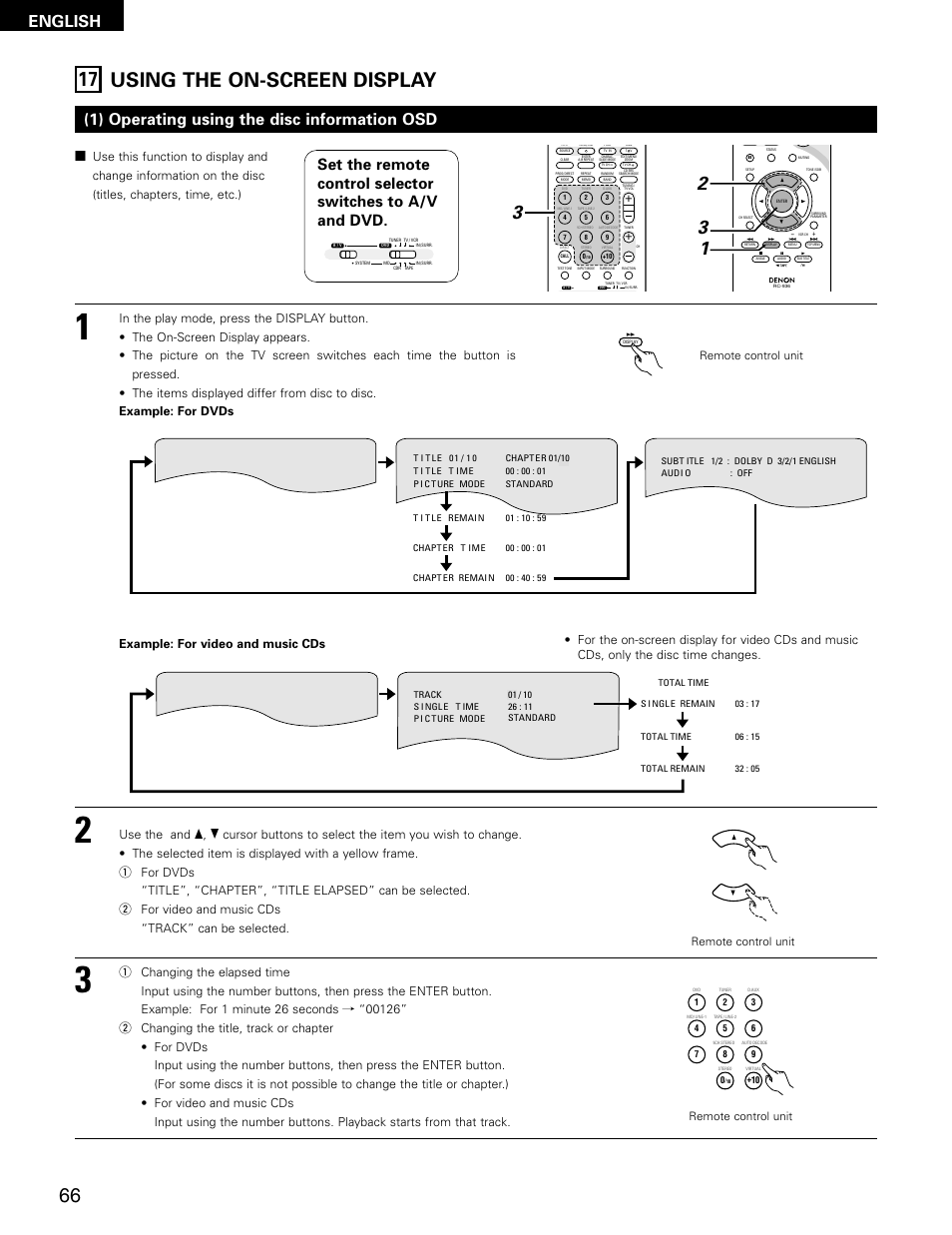 17 using the on-screen display, English, 1) operating using the disc information osd | Remote control unit | Denon ADV-M71 User Manual | Page 66 / 112