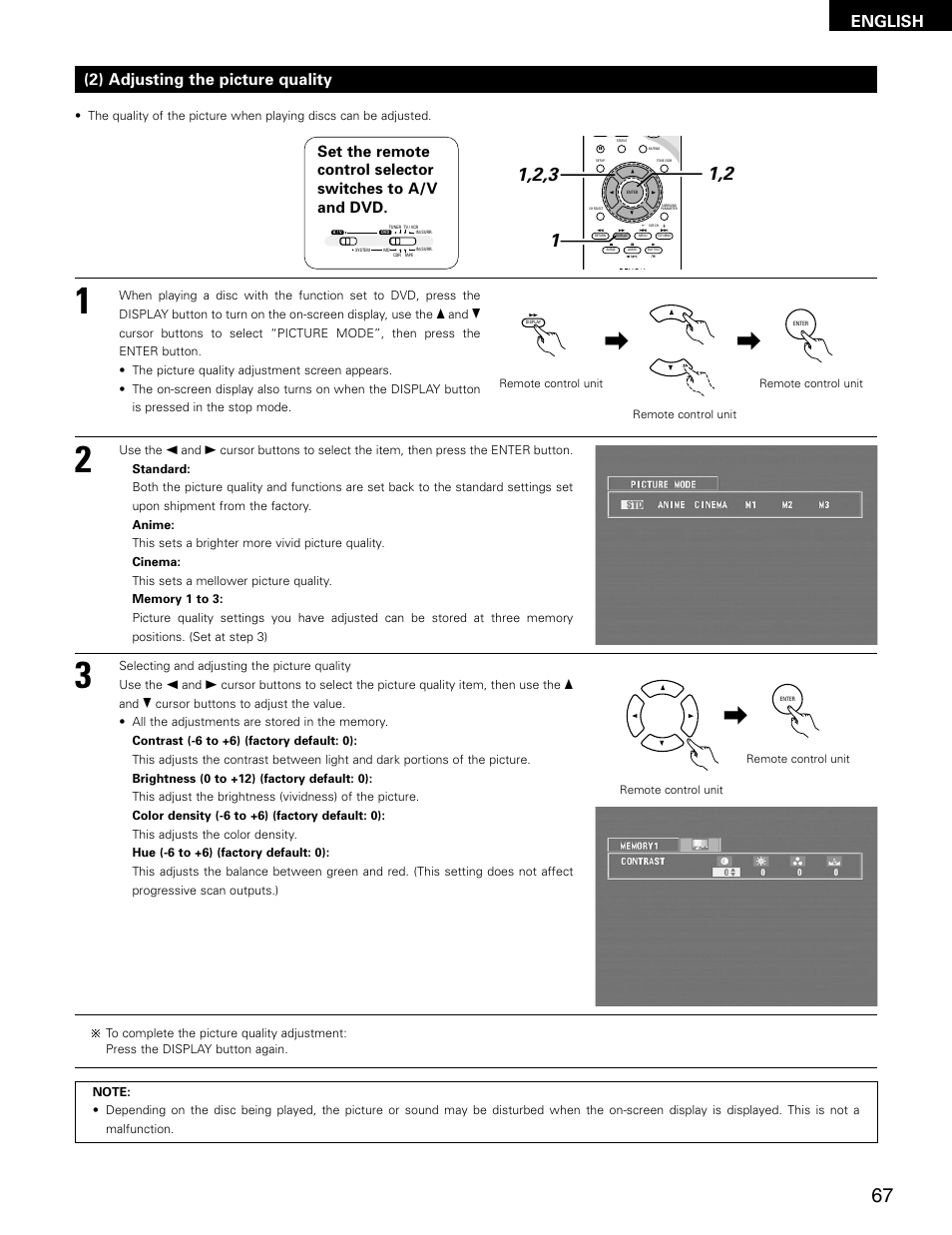 English, 2) adjusting the picture quality | Denon ADV-M71 User Manual | Page 67 / 112